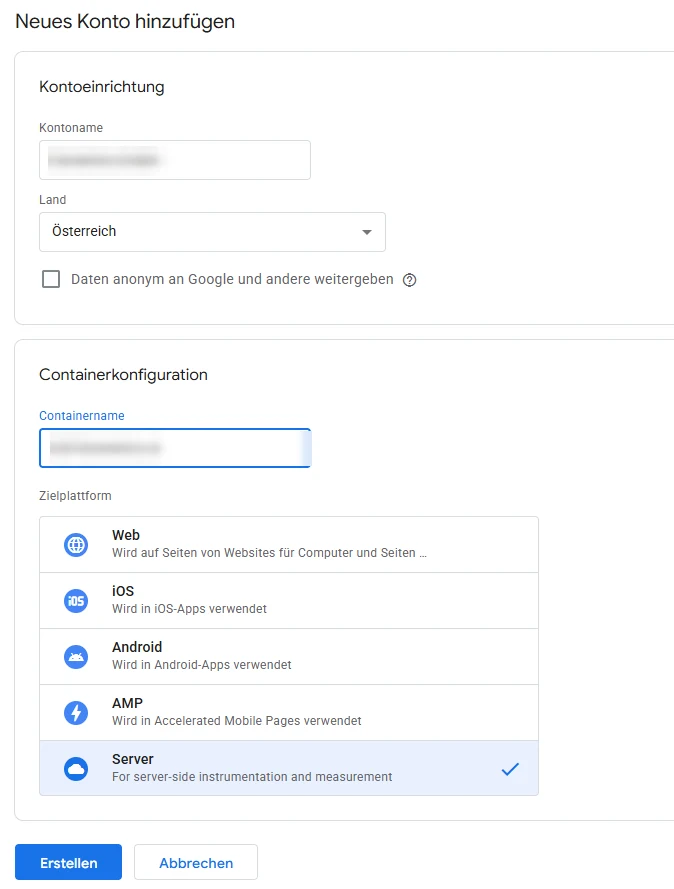 Neuen GTM-Container mit Zielplattform Server anlegen