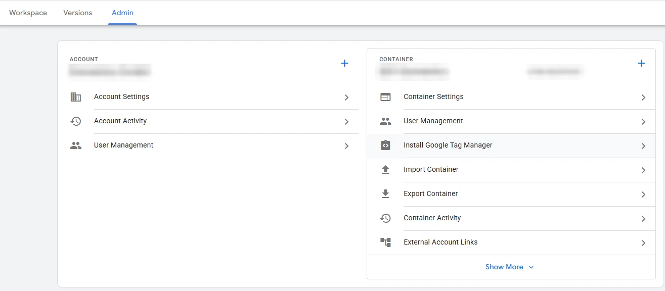 GTM Admin-Bereich, Install Google Tag Manager