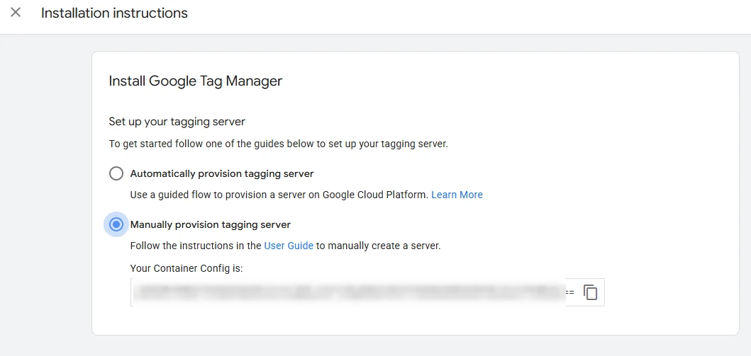 Manually provision tagging server in GTM auswählen
