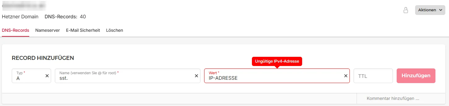 DNS-Einstellungen mit zwei A-Records für den Tagging-Server
