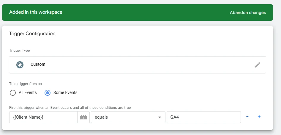 Custom-Trigger im Server-Container mit Bedingung Client Name equals GA4
