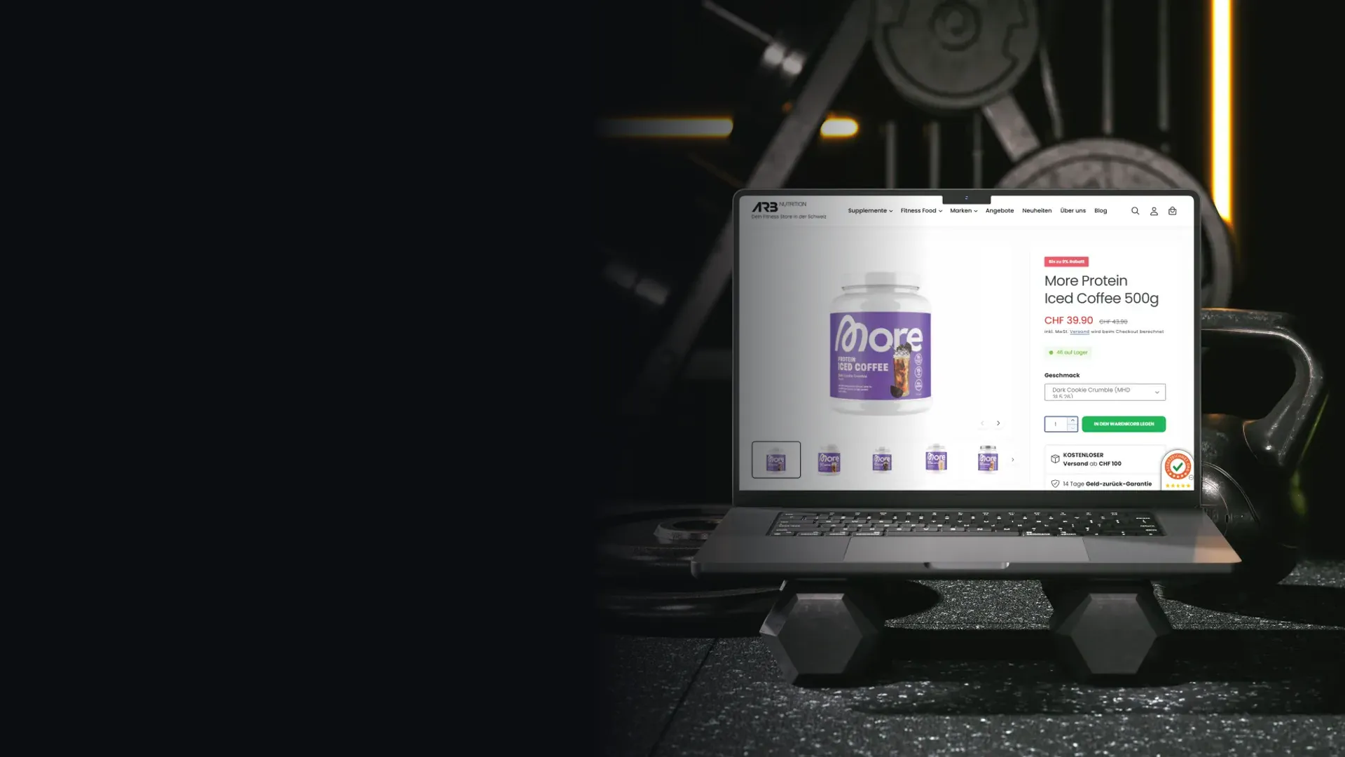 ARB Nutrition online shop on a laptop between fitness equipment